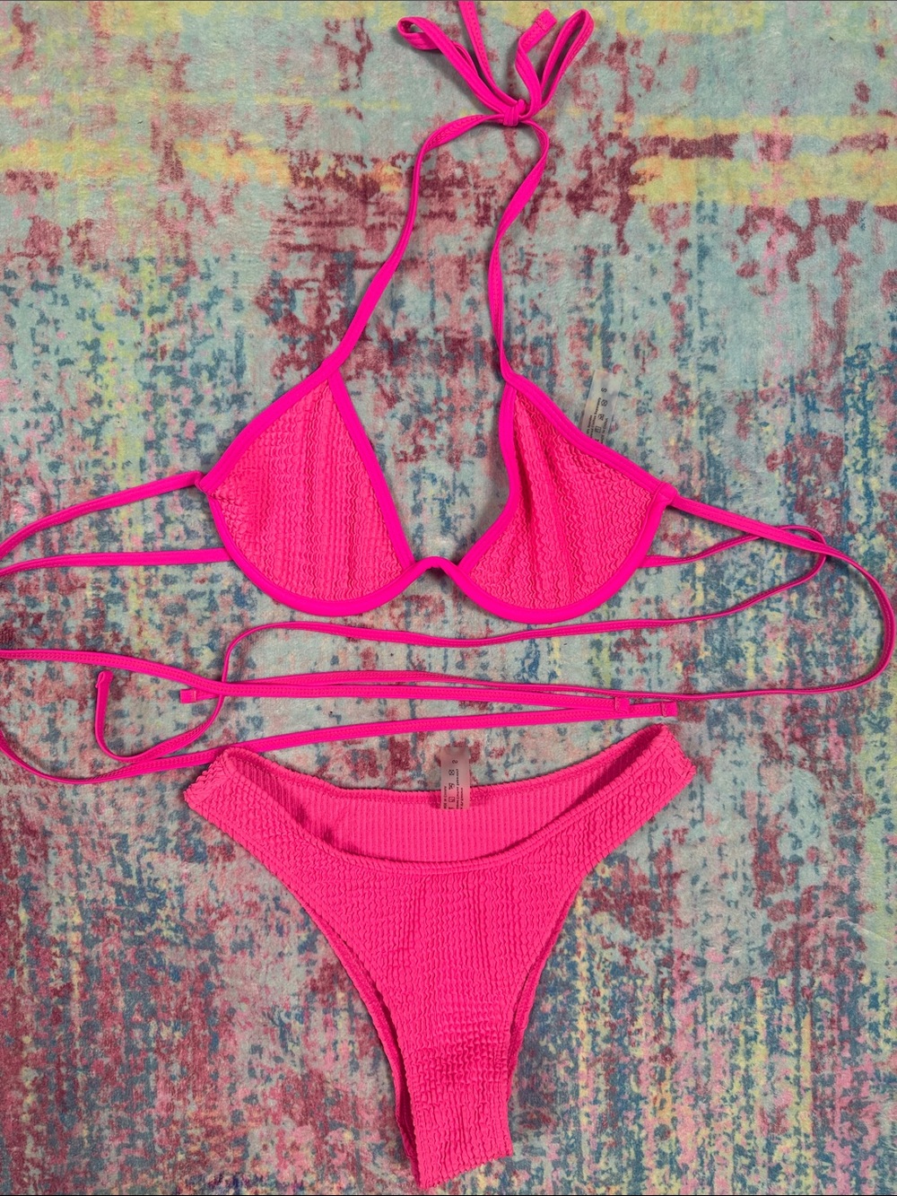SHEIN Hot Pink Ribbed Triangle Bikini Set